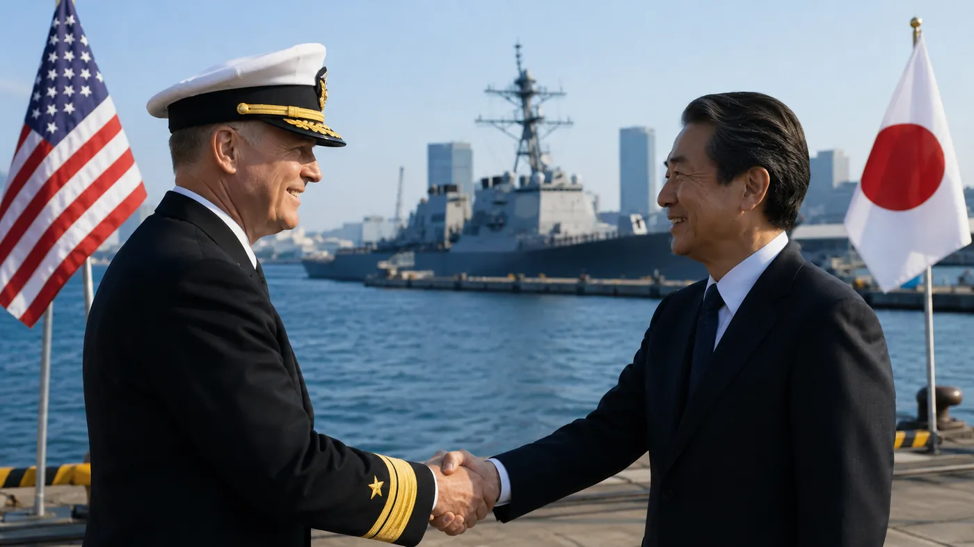 U.S. Navy officer and a Japanese partner shaking hands in front of U.S. and Japanese flags