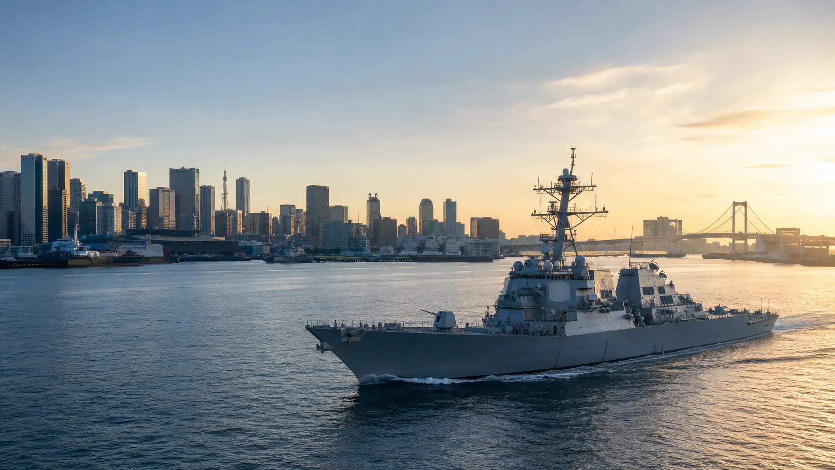 U.S. Navy destroyer transiting Tokyo Bay at sunset with the city skyline