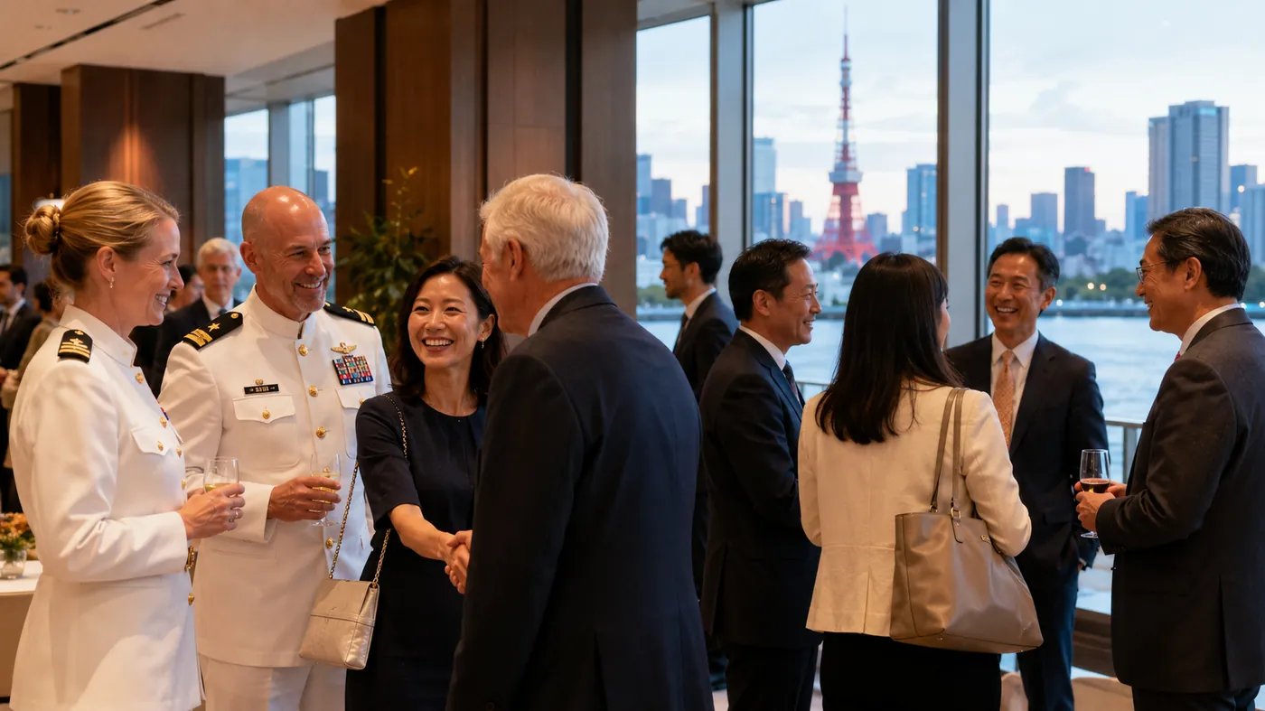 U.S. Navy officers and Japanese members greeting at a Tokyo Bay reception with Tokyo Tower in the background