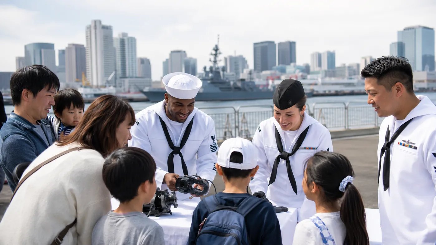 U.S. Navy sailors sharing equipment with Japanese families on a Tokyo pier