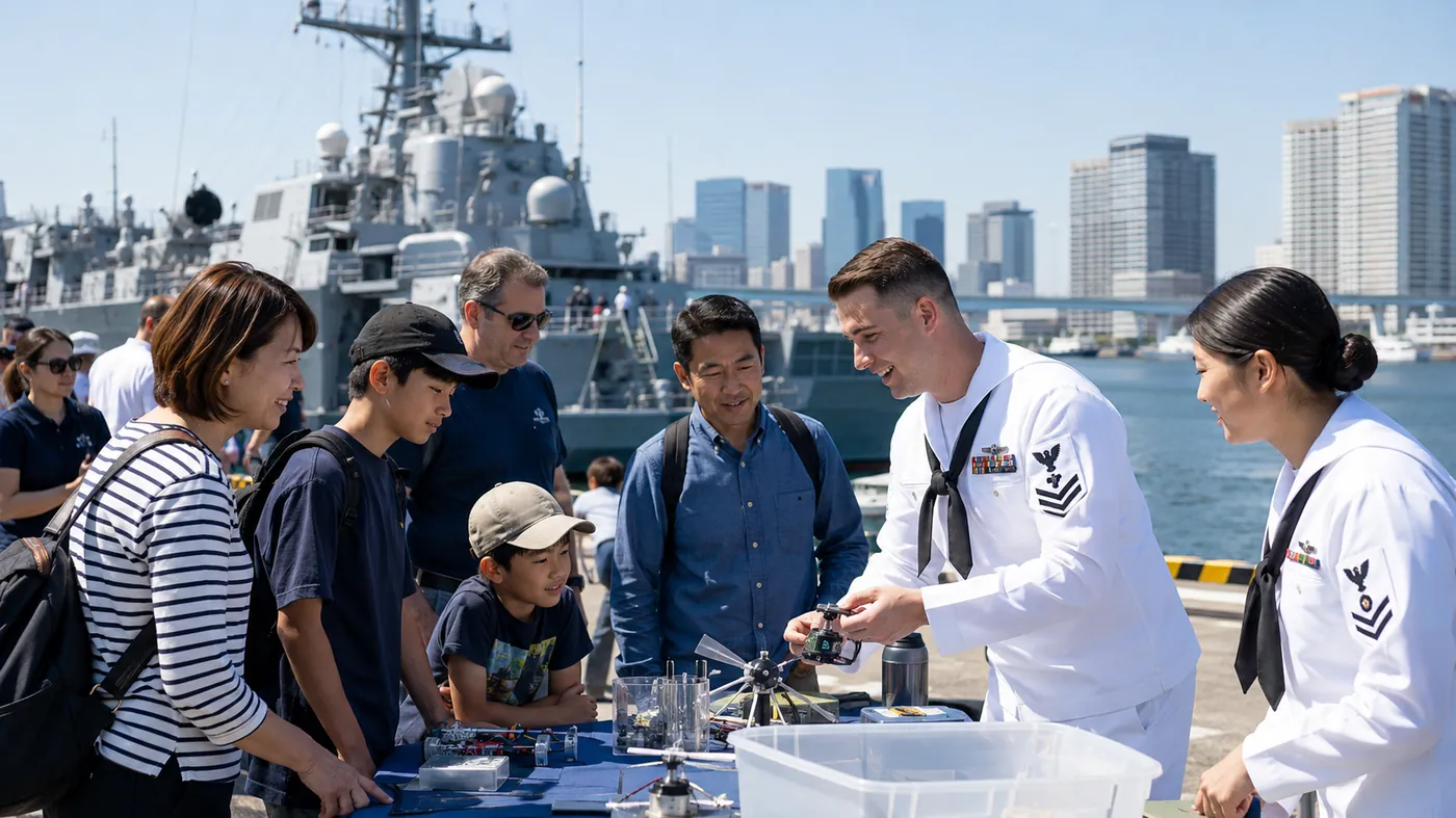 U.S. Navy sailors showing engineering equipment to Japanese families at a Tokyo pier event
