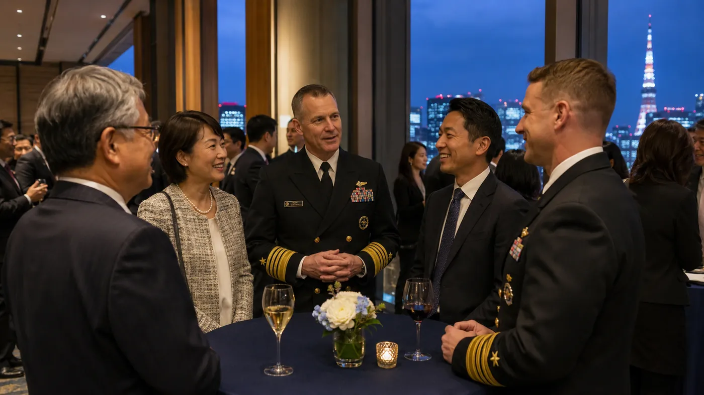 U.S. Navy officers and Japanese guests at an evening reception in Tokyo